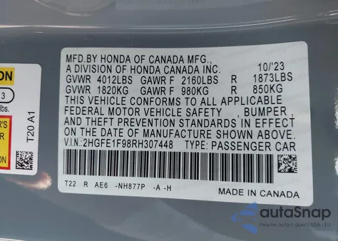 2024 Honda Civic Touring из США, поврежденный, VIN 2HGFE1F98RH307448